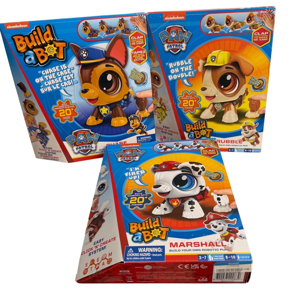 Paw Patrol Build-a-Bot Robotic Pup Set Chase Marshall Rubble 3-Pack NEW STEM